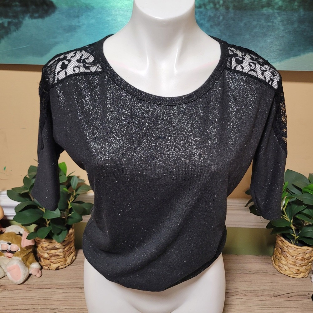 Mauve Black Sparkle Lace Detail Top Blouse Medium Party Elegant